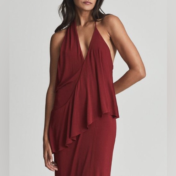 NEW Reiss Xena Draped Ruched Strappy Open Back Midi Cocktail Dress in Deep Red - Picture 4 of 12